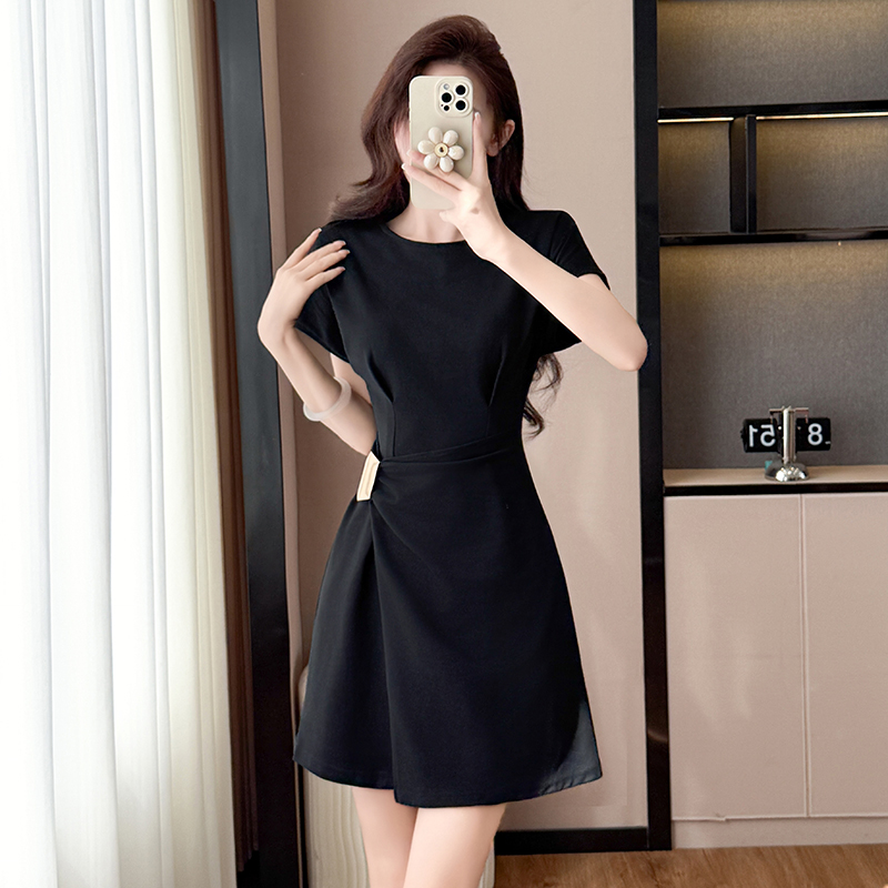 2026 Summer New Black Short Sleeve Dress Women Waist Slimming Fashionable Niche Design Versatile Little Black Dress