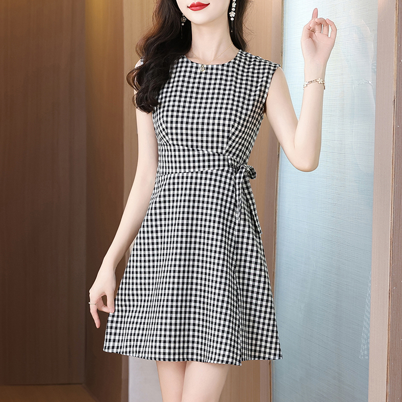 Black and White Plaid Sleeveless A-Line Dress Plus Size Summer