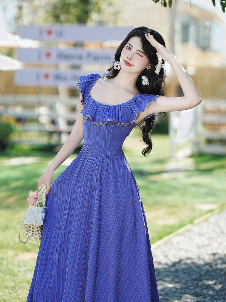Blueberry Girl French Countryside Ruffled Long Dress for Summer Vacation