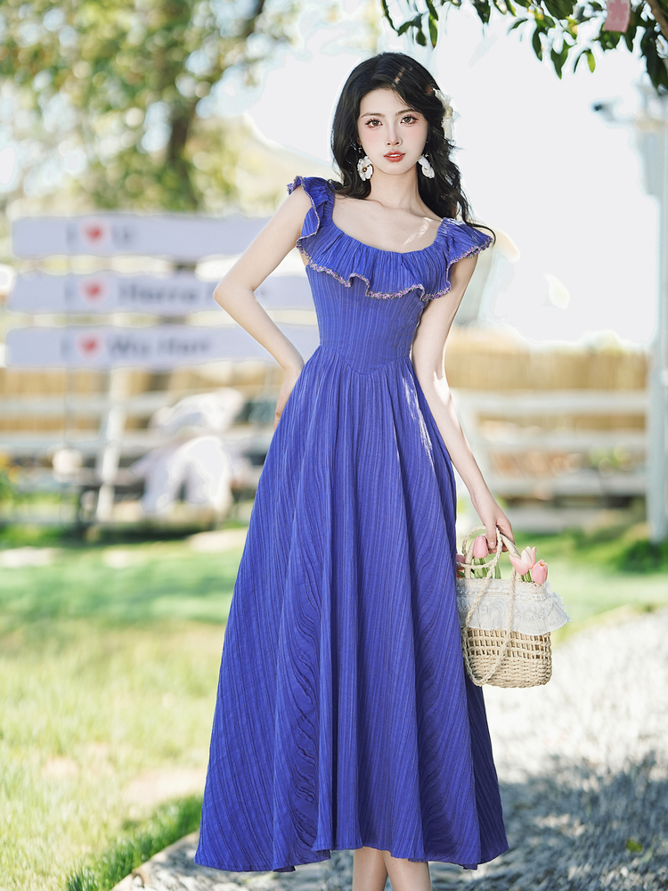 Blueberry Girl French Countryside Ruffled Long Dress for Summer Vacation - Image 2