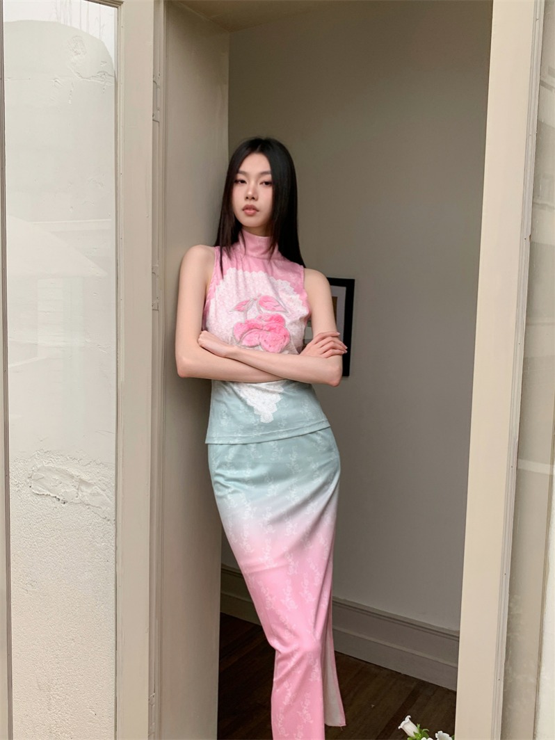 Cherry Fuzzy Patch Embroidered Pink Green Gradient Lace Tank Top and Skirt Set