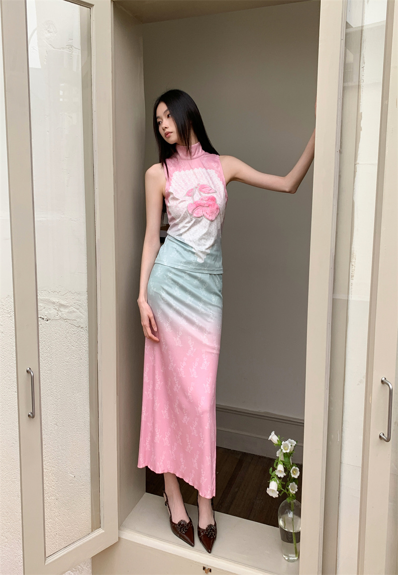Cherry Fuzzy Patch Embroidered Pink Green Gradient Lace Tank Top and Skirt Set - Image 2