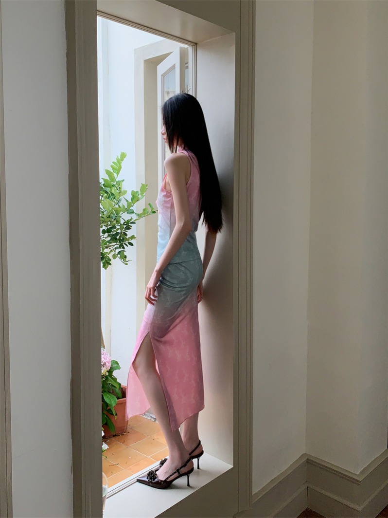 Cherry Fuzzy Patch Embroidered Pink Green Gradient Lace Tank Top and Skirt Set - Image 3
