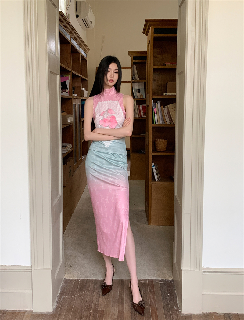 Cherry Fuzzy Patch Embroidered Pink Green Gradient Lace Tank Top and Skirt Set - Image 4