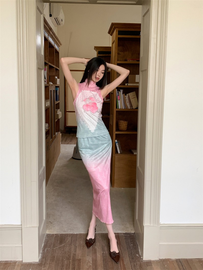 Cherry Fuzzy Patch Embroidered Pink Green Gradient Lace Tank Top and Skirt Set - Image 5