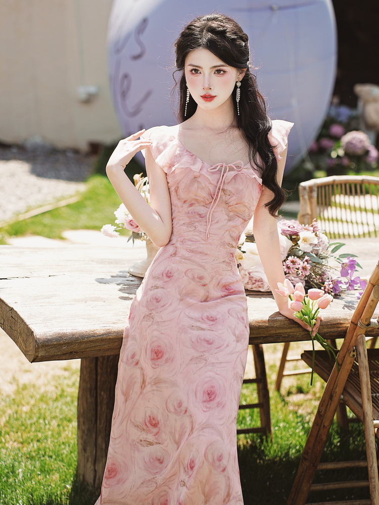 Floral Print Sleeveless Chiffon Long Dress with High Waist