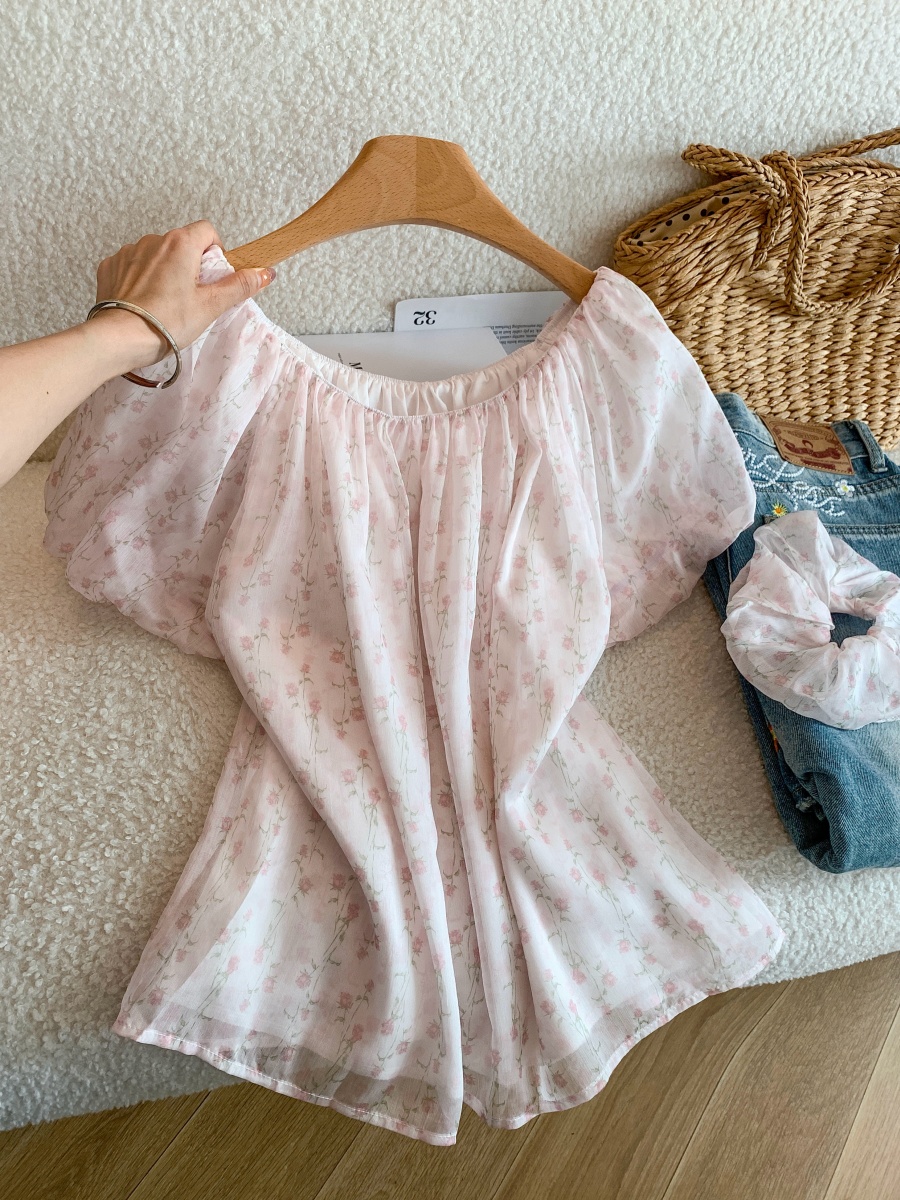 French Pink Floral Blouse for Women Summer Loose Fit Puff Sleeve Top
