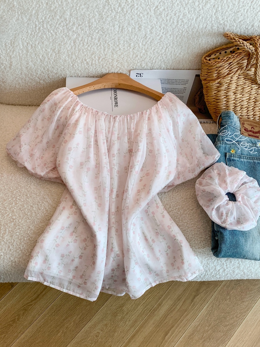 French Pink Floral Blouse for Women Summer Loose Fit Puff Sleeve Top - Image 3