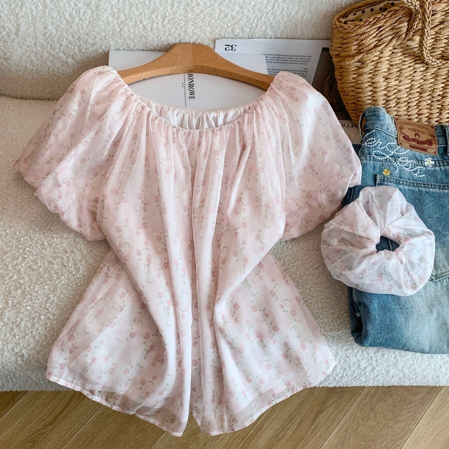 French Pink Floral Blouse for Women Summer Loose Fit Puff Sleeve Top - Image 5