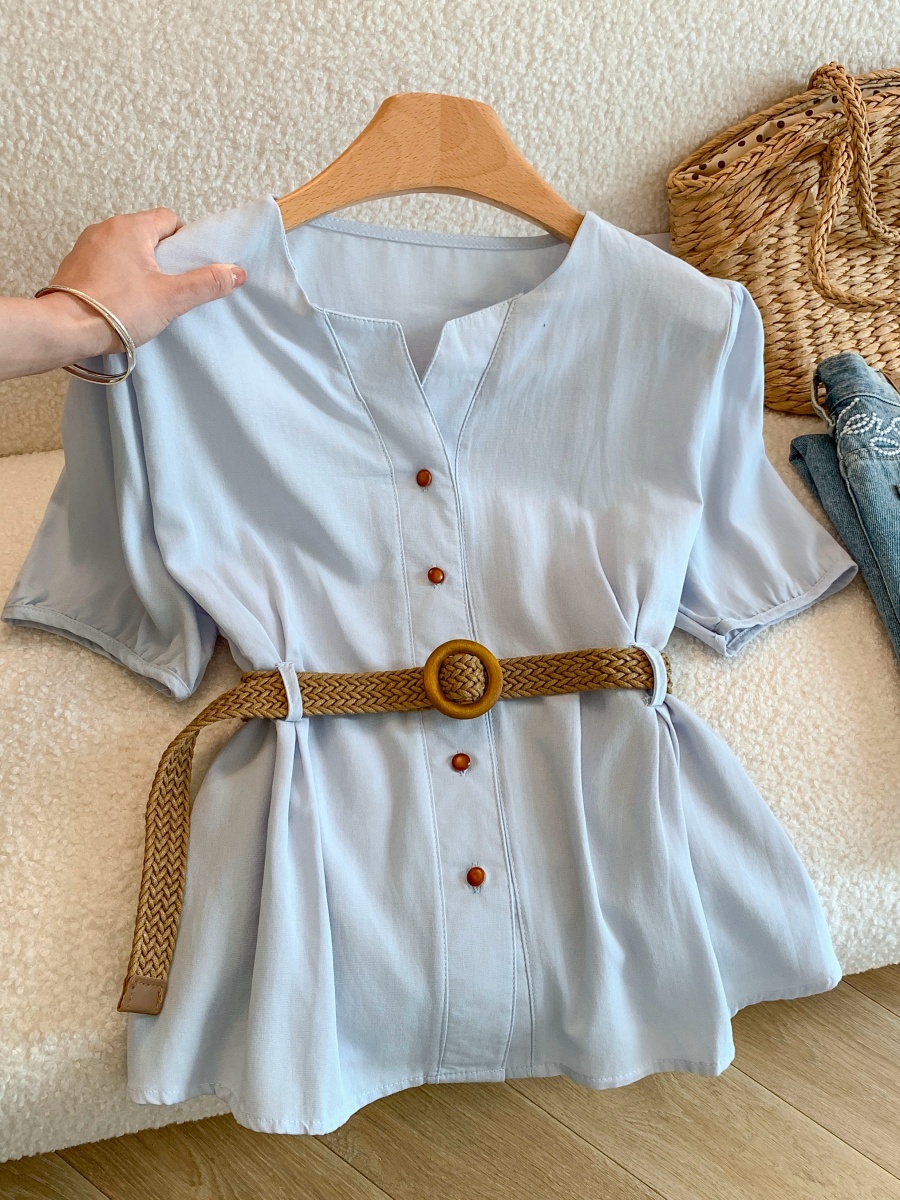 French Style V-Neck Blue Shirt Women Summer Waist-Slimming Short Sleeve Top