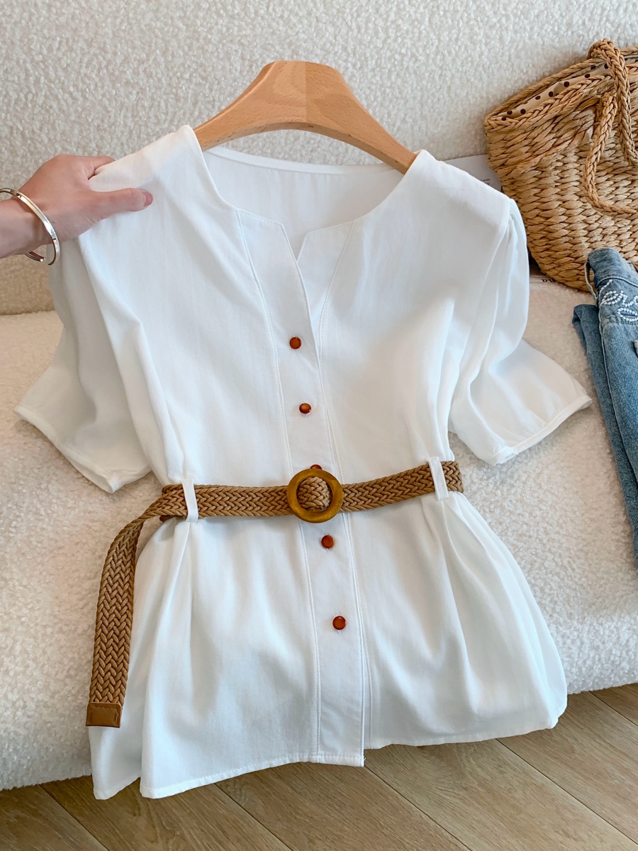French Style V-Neck Blue Shirt Women Summer Waist-Slimming Short Sleeve Top - Image 2