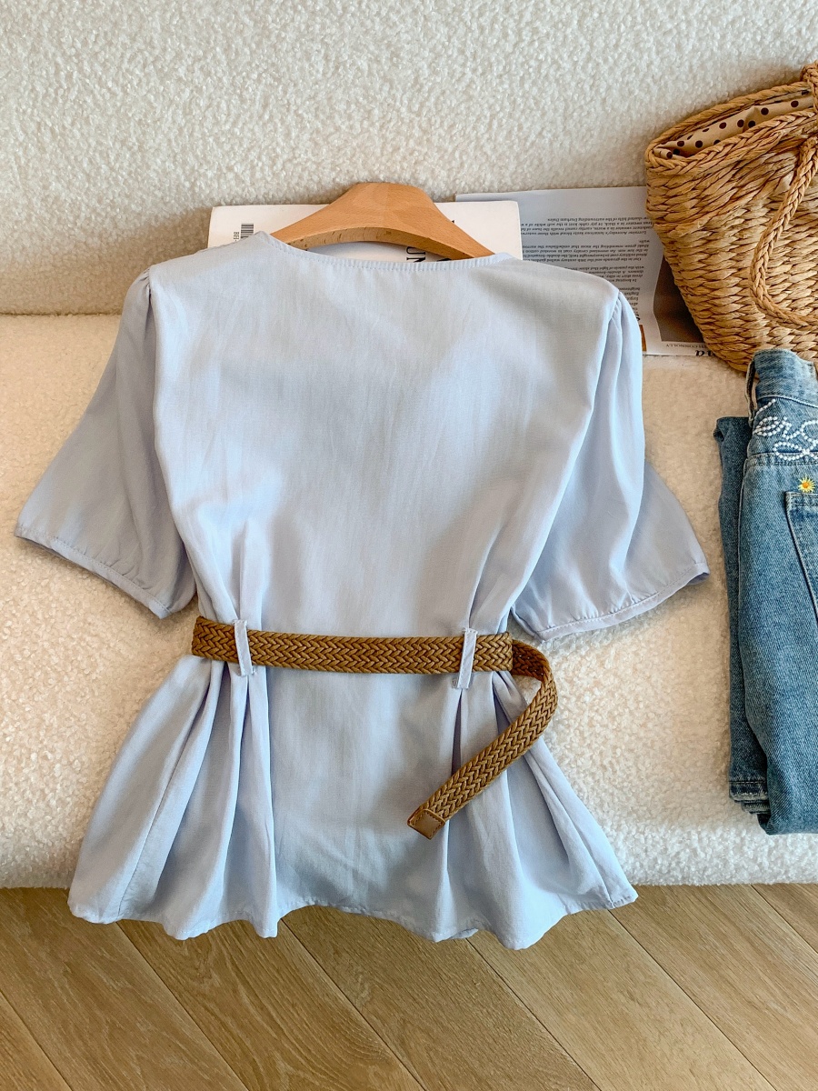 French Style V-Neck Blue Shirt Women Summer Waist-Slimming Short Sleeve Top - Image 3