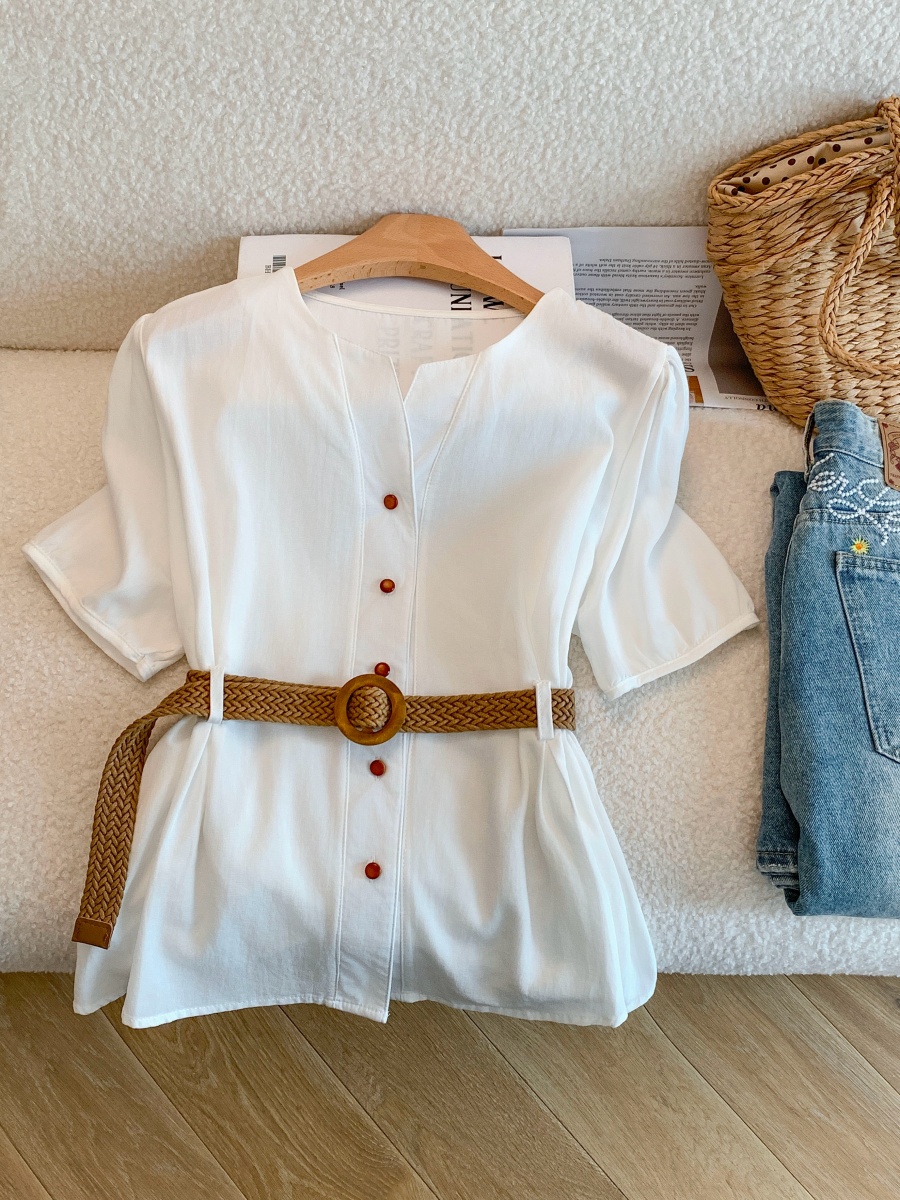 French Style V-Neck Blue Shirt Women Summer Waist-Slimming Short Sleeve Top - Image 4