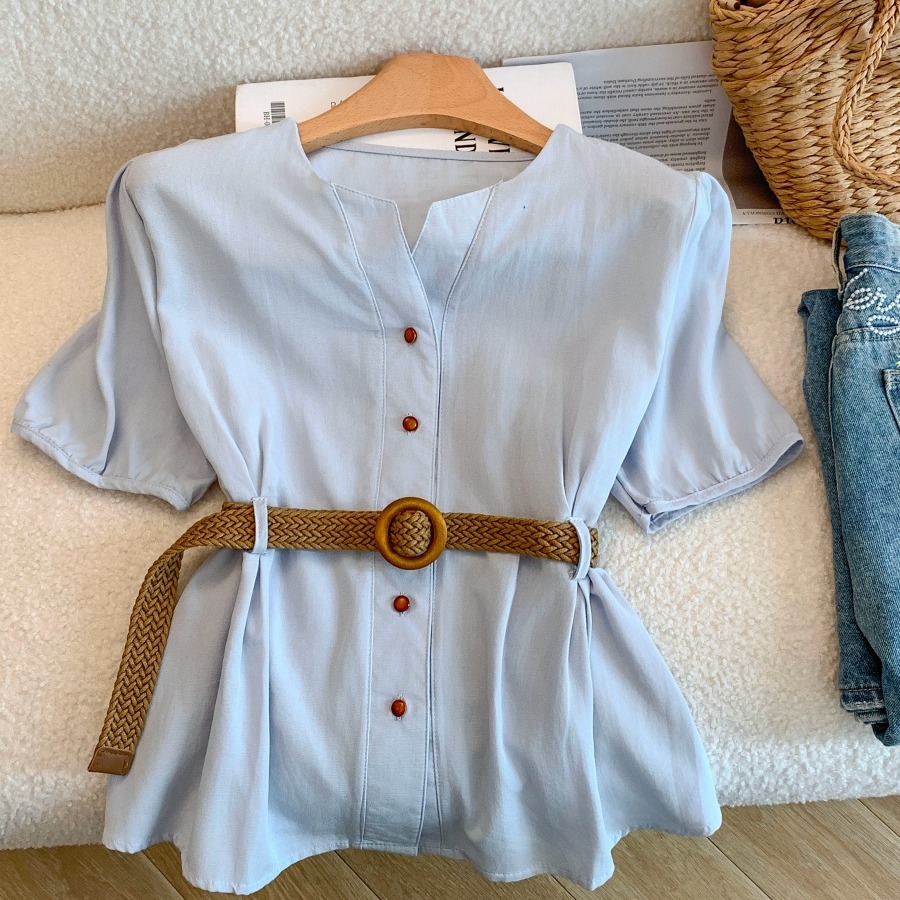 French Style V-Neck Blue Shirt Women Summer Waist-Slimming Short Sleeve Top - Image 5