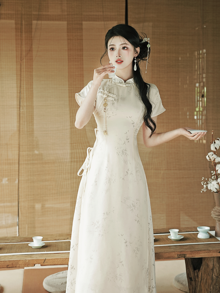 Ink Wash Bamboo New Chinese Style Qipao Dress with Pankou