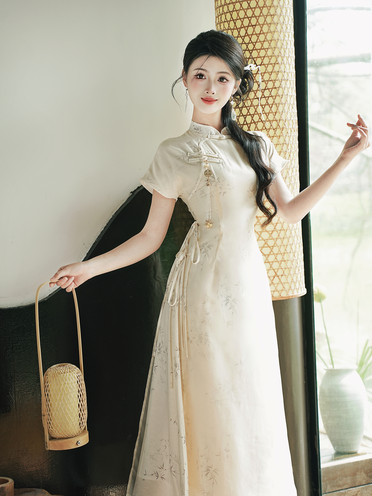 Ink Wash Bamboo New Chinese Style Qipao Dress with Pankou - Image 2