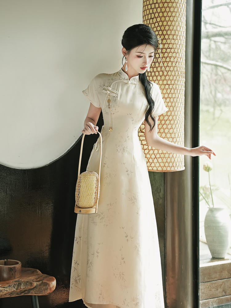 Ink Wash Bamboo New Chinese Style Qipao Dress with Pankou - Image 3
