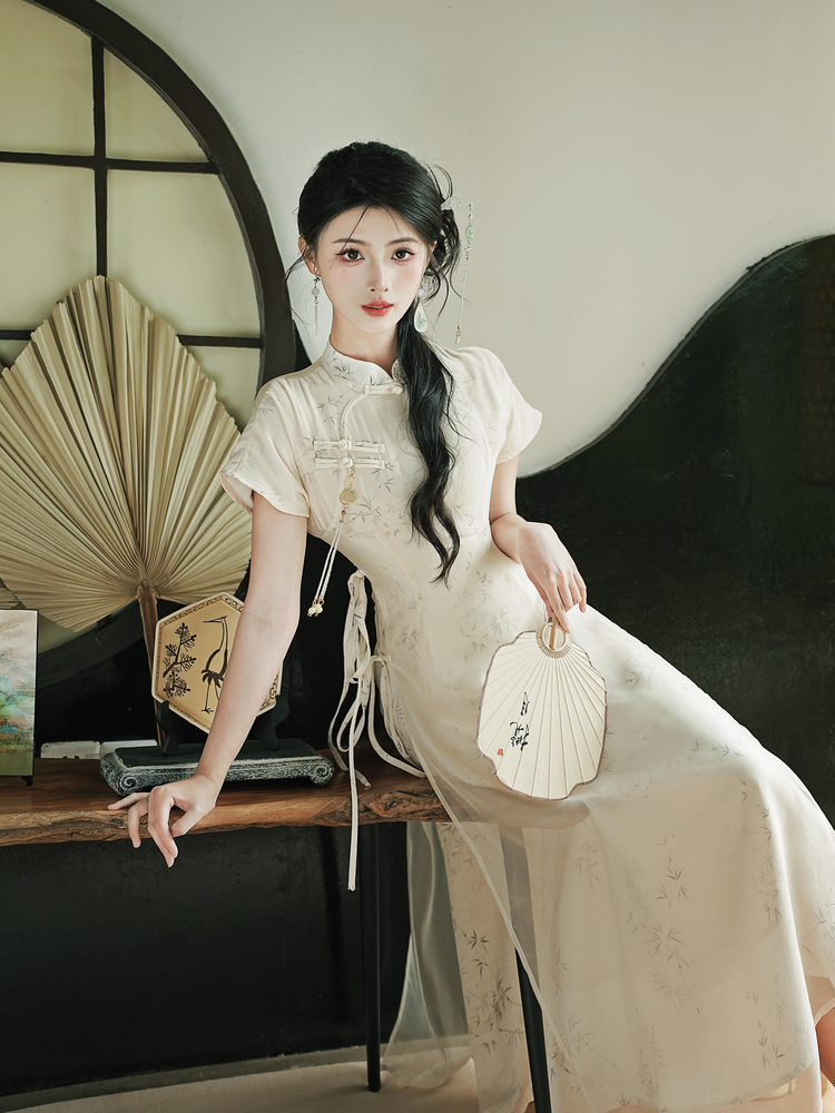 Ink Wash Bamboo New Chinese Style Qipao Dress with Pankou - Image 4