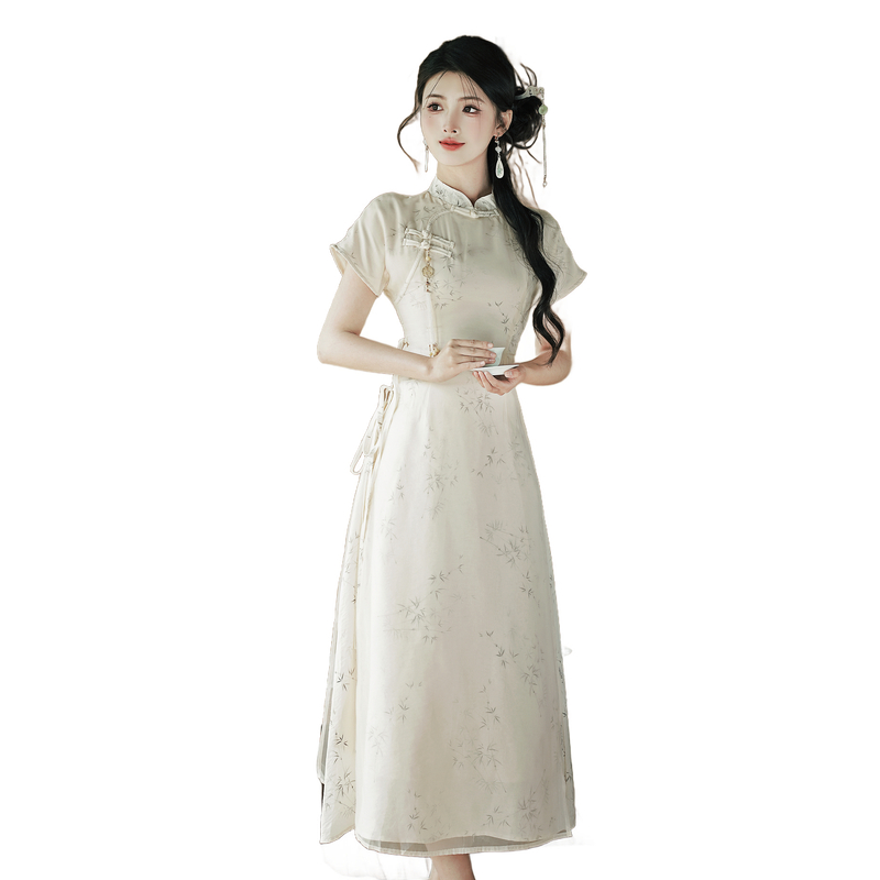 Ink Wash Bamboo New Chinese Style Qipao Dress with Pankou - Image 5