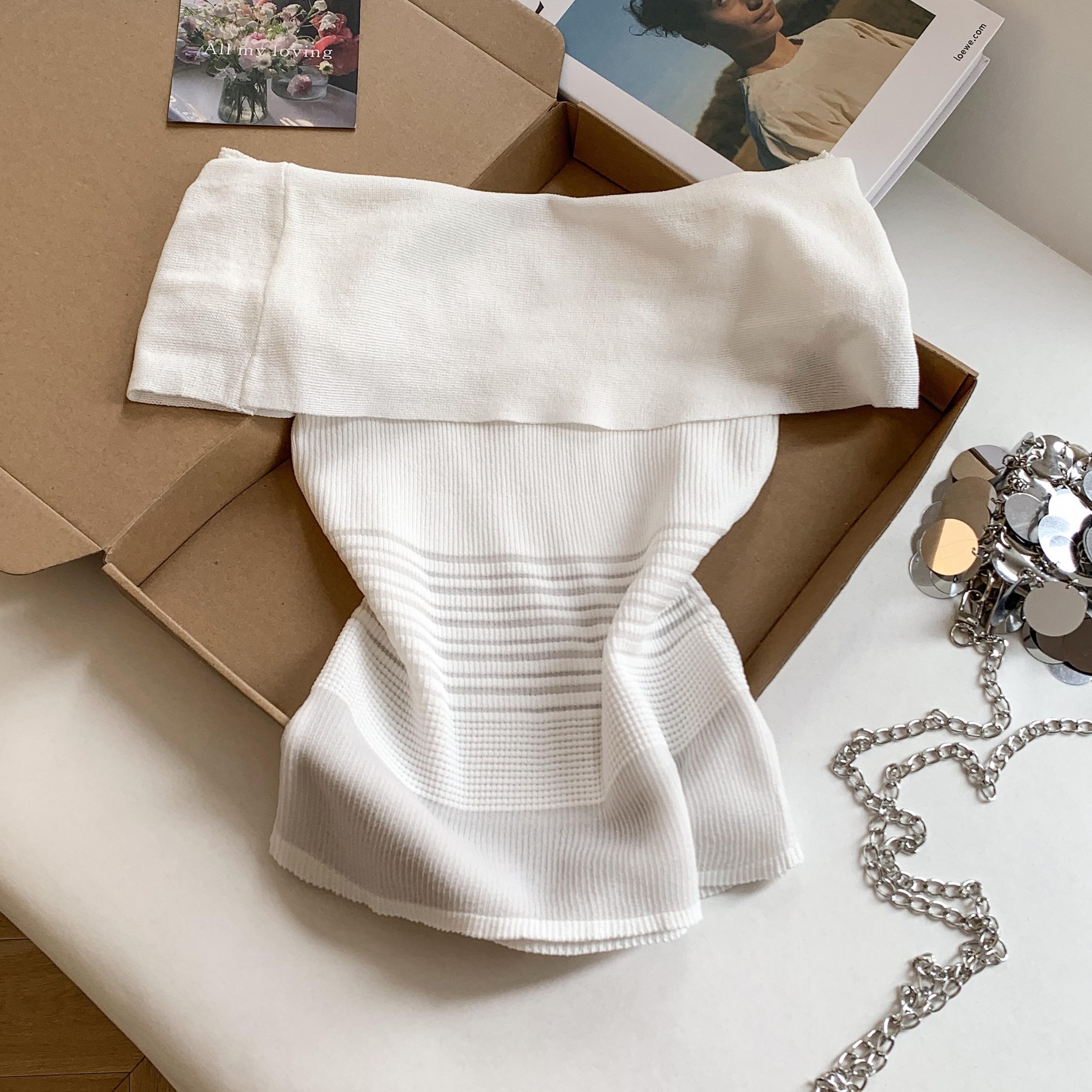 Korean Style One-Shoulder Ice Silk Knit Top for Women Summer New Slimming Off-Shoulder Shirt - Image 5