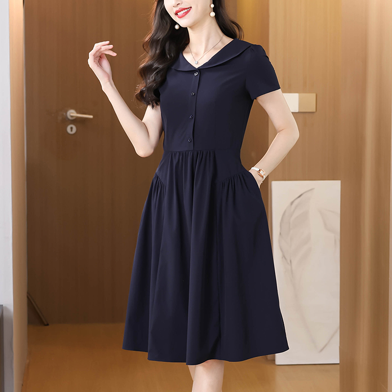Navy Plus Size A-Line Dress with Doll Collar and Short Sleeves