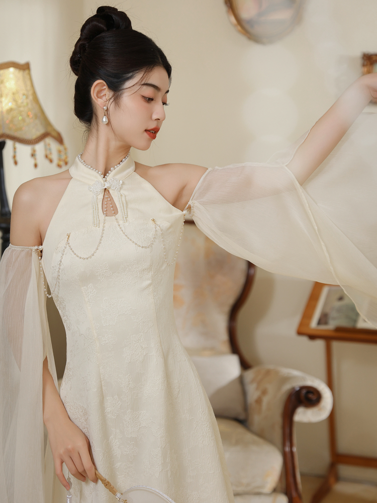 New Chinese Style Halter Neck A-Line Midi Dress with Beaded Chain – Style 72ae94