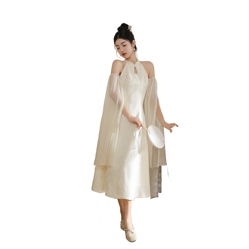 New Chinese Style Halter Neck A-Line Midi Dress with Beaded Chain - Style 72ae94 - Image 5