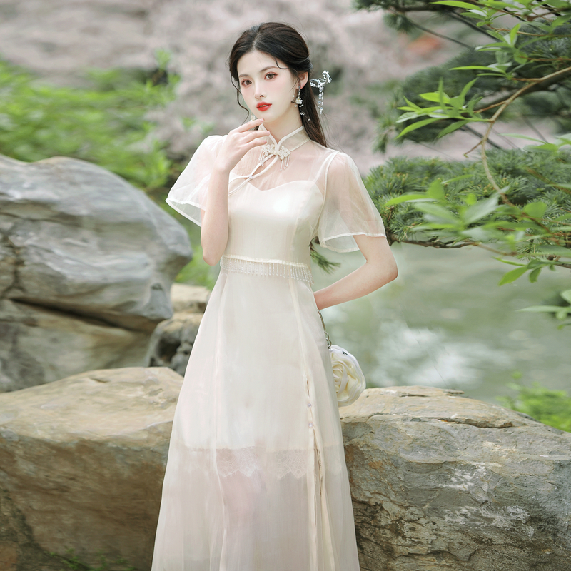 New Chinese Style Modified Qipao Cami Dress Two-Piece Set for Young Women