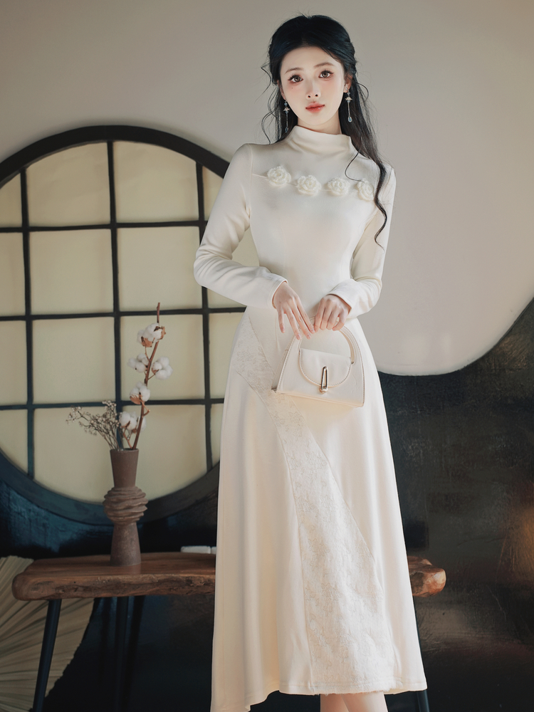 New Chinese Style Retro Knit Dress Half High Neck Long Dress