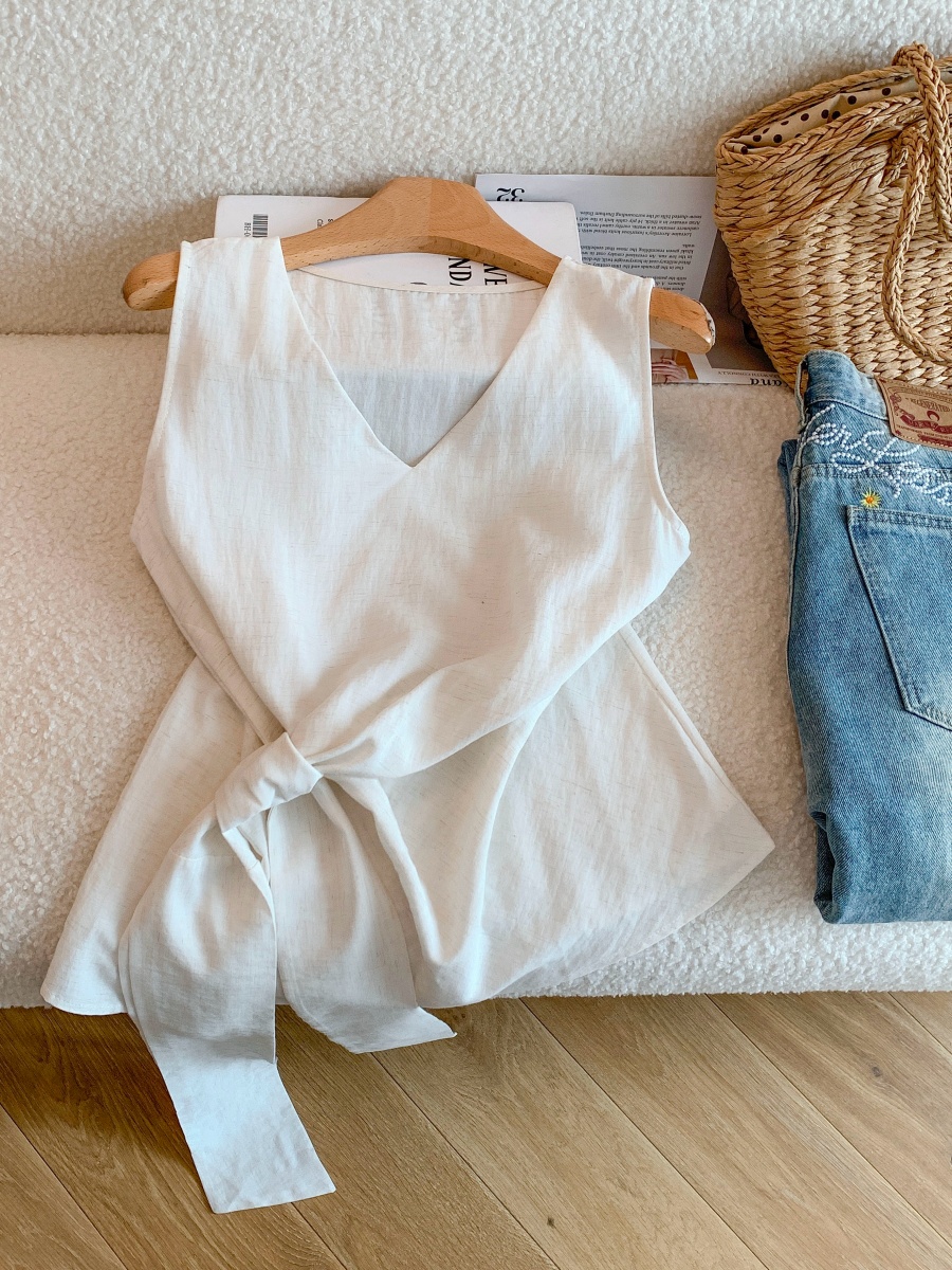 Old Money Style Tencel Linen V-Neck Sleeveless Shirt for Women Summer Thin Design Bow Waist Vest Top - Image 3