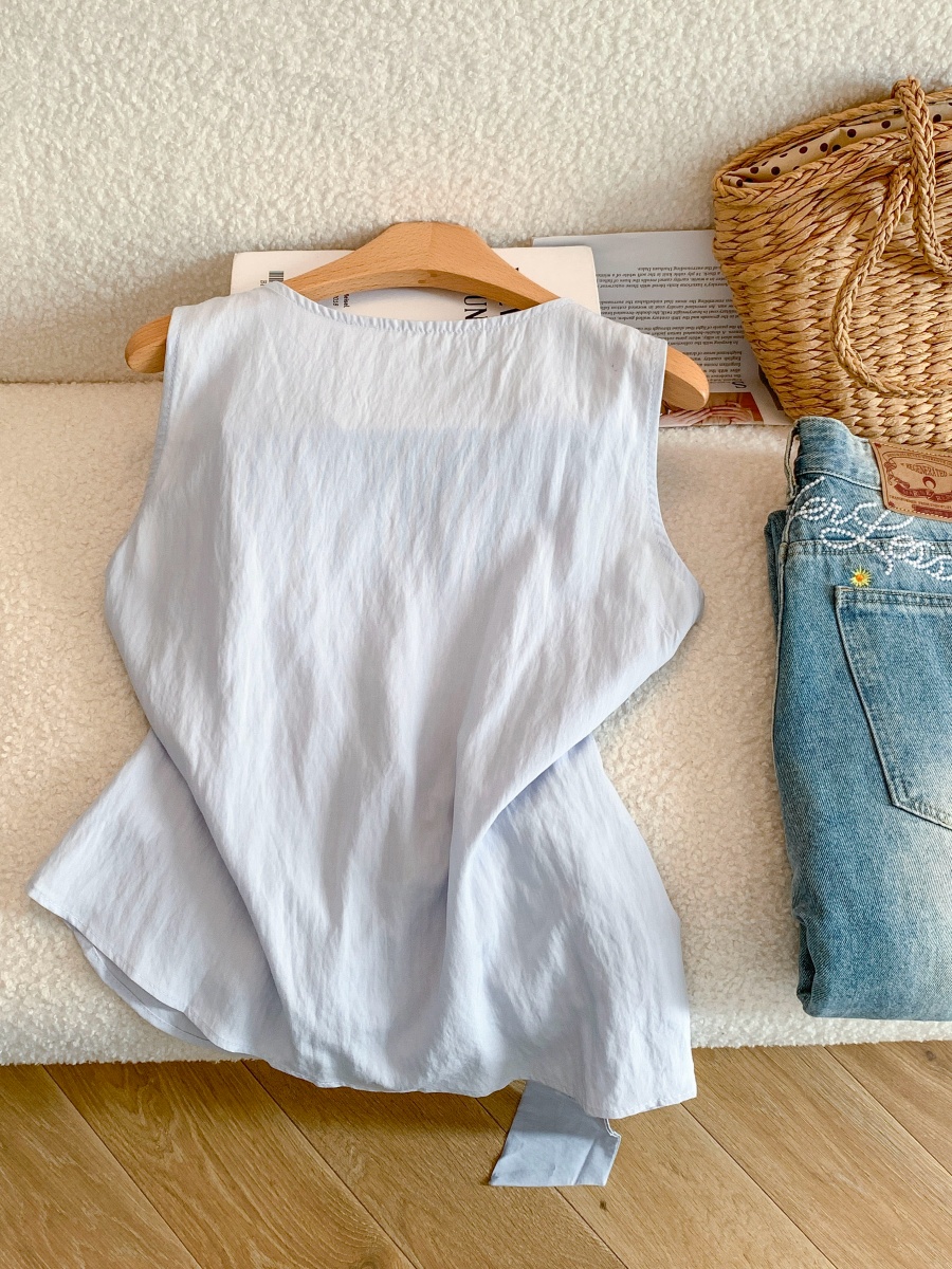 Old Money Style Tencel Linen V-Neck Sleeveless Shirt for Women Summer Thin Design Bow Waist Vest Top - Image 4