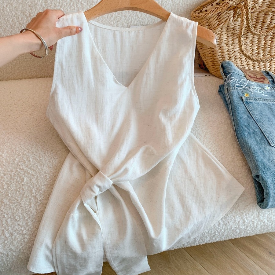 Old Money Style Tencel Linen V-Neck Sleeveless Shirt for Women Summer Thin Design Bow Waist Vest Top - Image 5