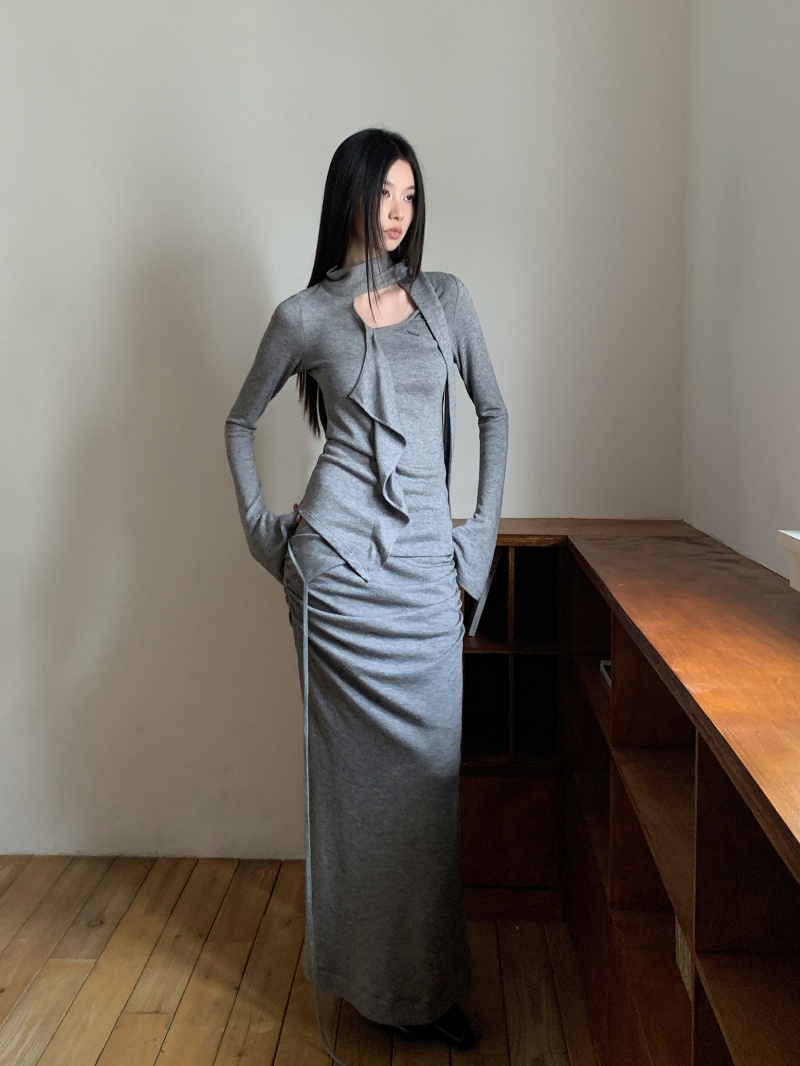Original Floral Yarn Texture Ruffle Streamer Double Layer Pleated Knit Half Skirt Set