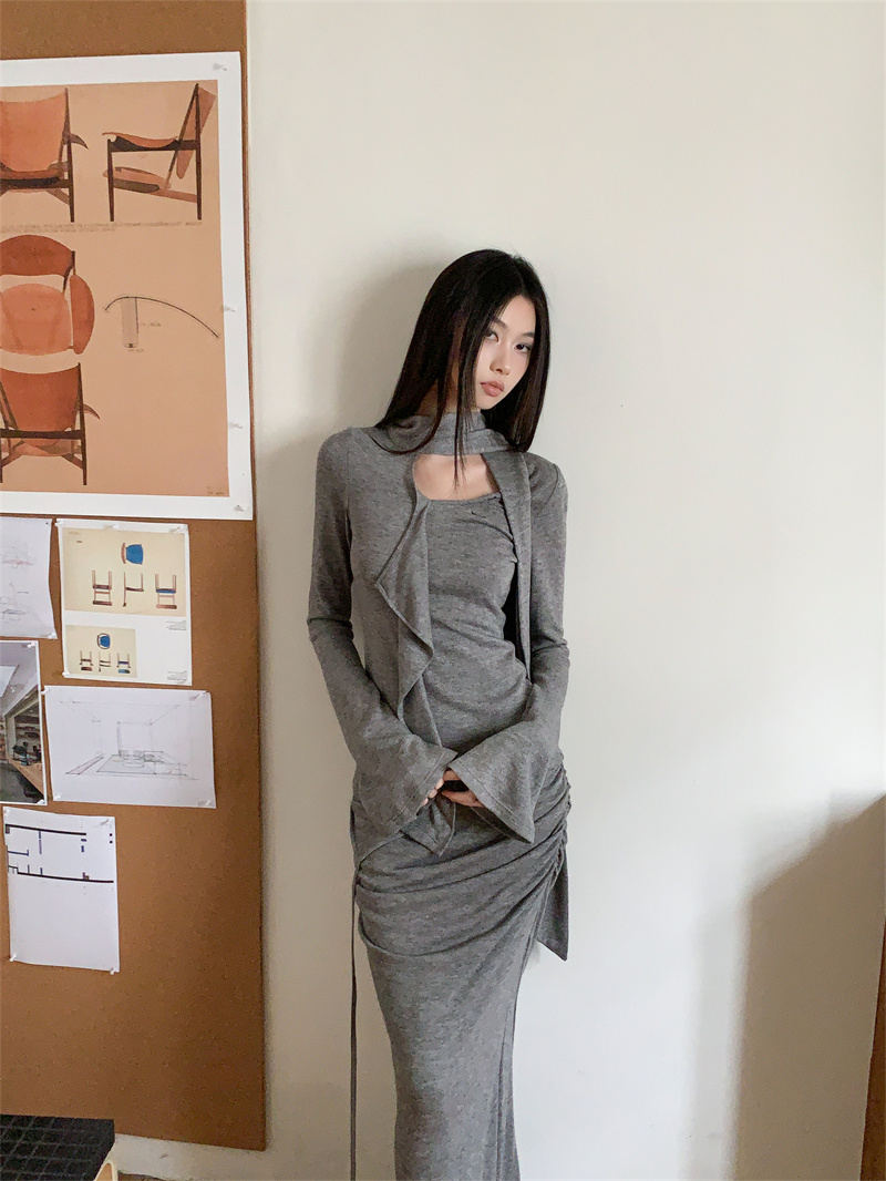 Original Floral Yarn Texture Ruffle Streamer Double Layer Pleated Knit Half Skirt Set - Image 2