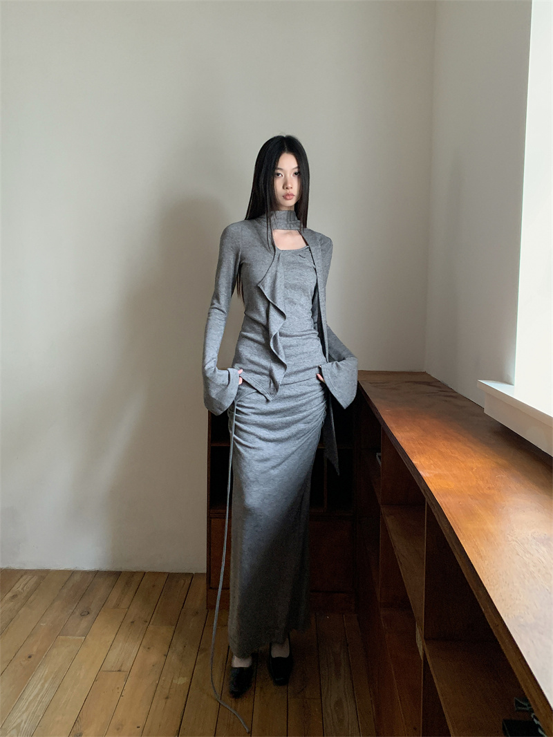 Original Floral Yarn Texture Ruffle Streamer Double Layer Pleated Knit Half Skirt Set - Image 3