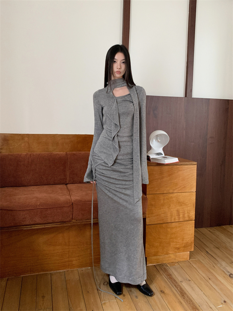 Original Floral Yarn Texture Ruffle Streamer Double Layer Pleated Knit Half Skirt Set - Image 4