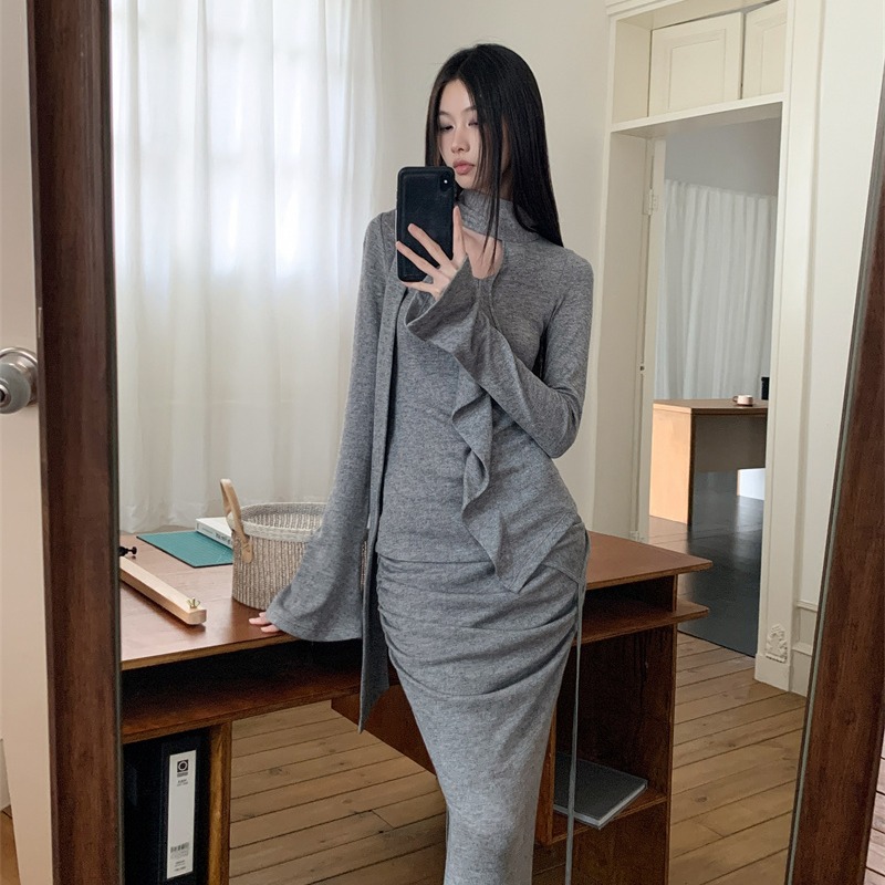 Original Floral Yarn Texture Ruffle Streamer Double Layer Pleated Knit Half Skirt Set - Image 5