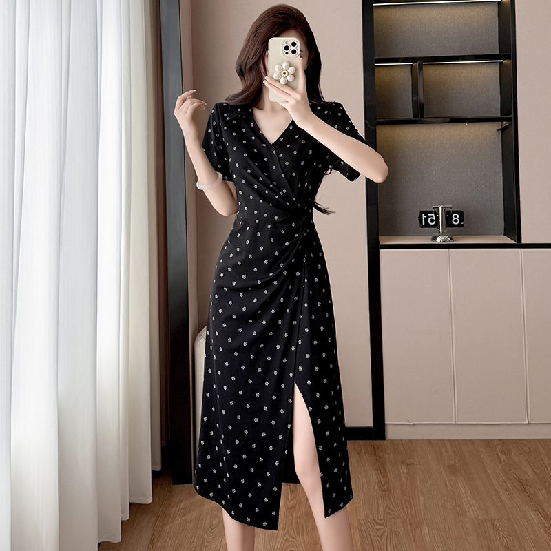 Plus Size Women’s Printed V-Neck Short Sleeve Midi Dress with Slit Summer
