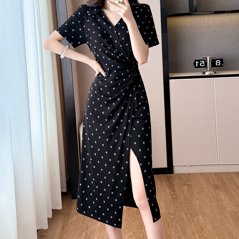 Plus Size Women's Printed V-Neck Short Sleeve Midi Dress with Slit Summer - Image 2