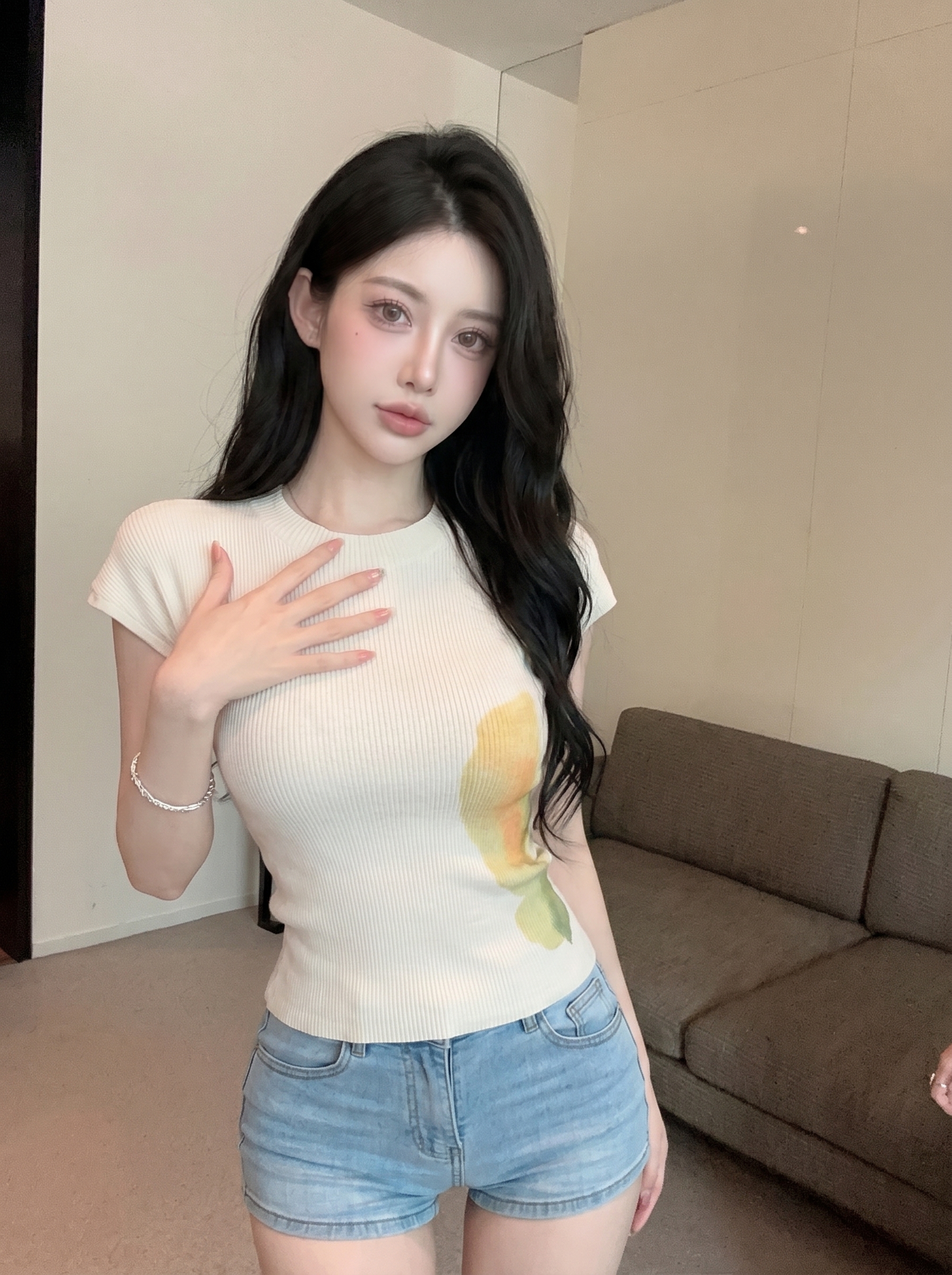 Sunflower Print Knit Top for Women Slim Fit Round Neck Summer
