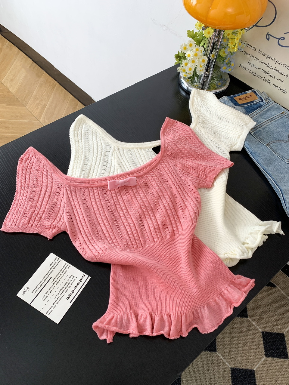 Sweet Textured Short Sleeve Knit Top with Bow Square Neck Slimming Women’s Summer