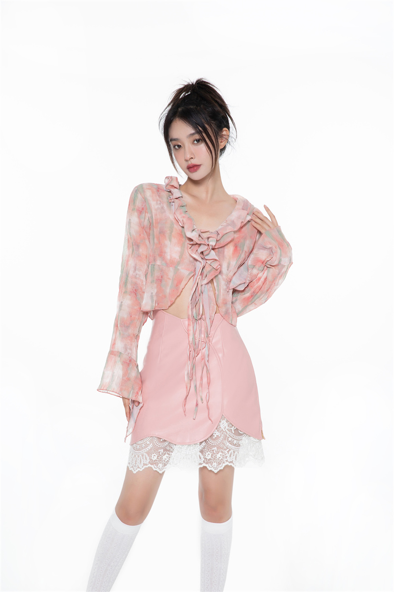Tie-Dye Chiffon Shirt with Ruffle Trim and Ribbon