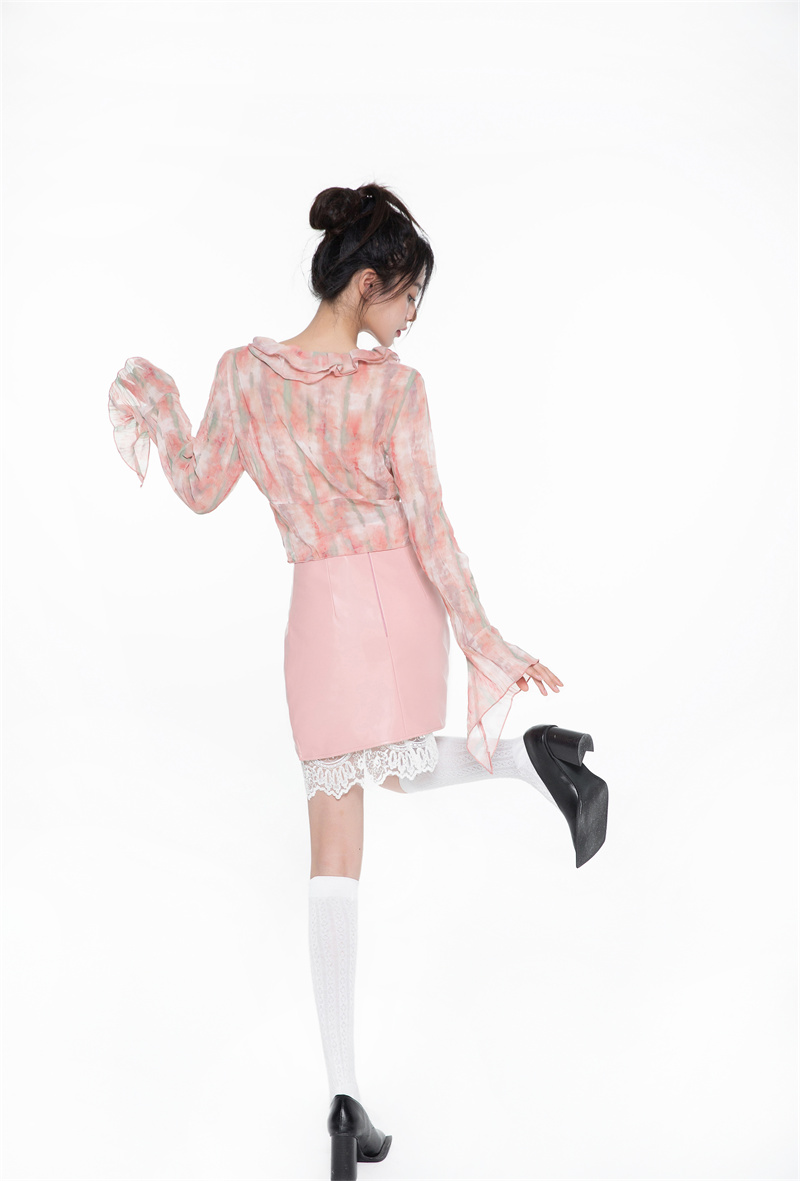 Tie-Dye Chiffon Shirt with Ruffle Trim and Ribbon - Image 2