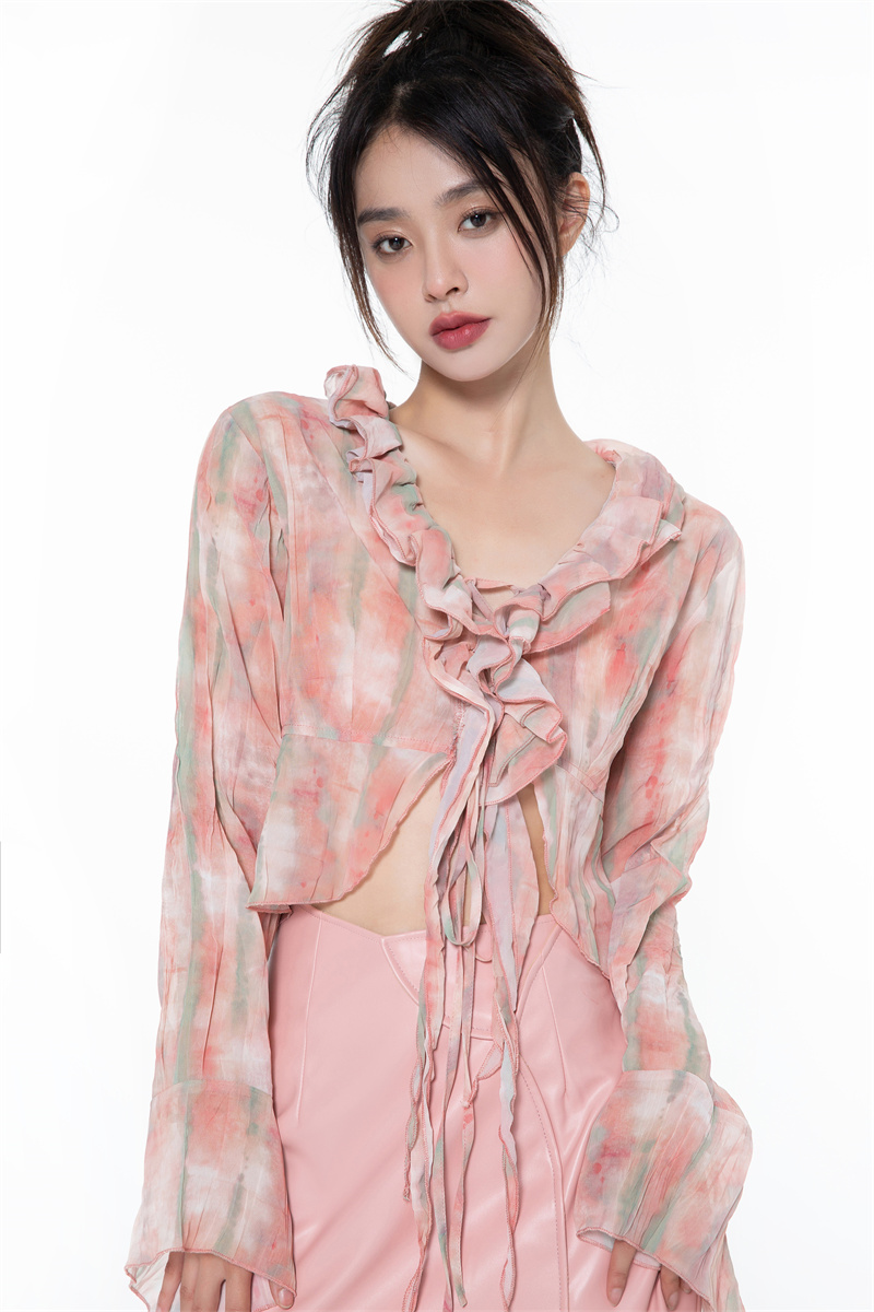 Tie-Dye Chiffon Shirt with Ruffle Trim and Ribbon - Image 3