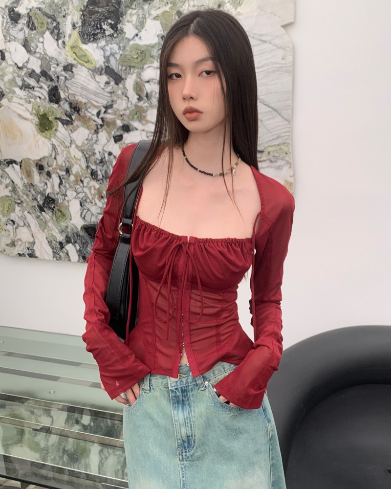Wine Red Mesh Square Neck Lace Long Sleeve Corset Top Slim Fit Tie Front