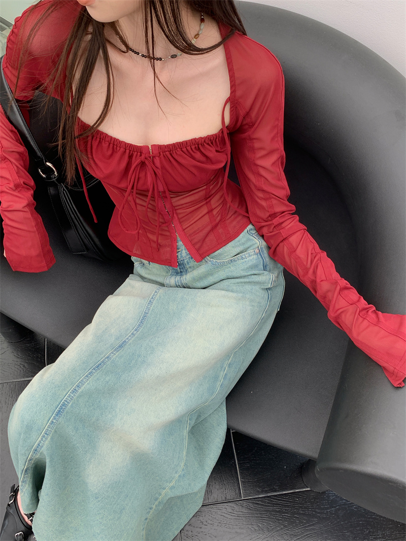 Wine Red Mesh Square Neck Lace Long Sleeve Corset Top Slim Fit Tie Front - Image 2