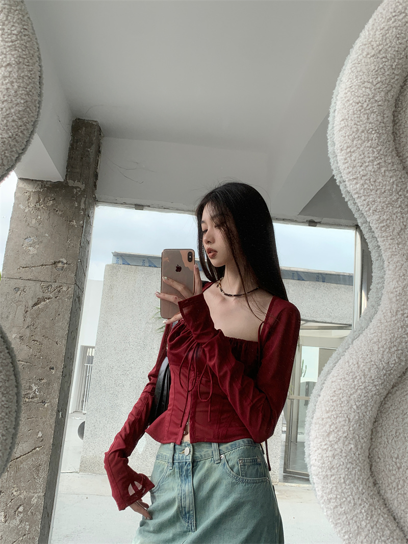 Wine Red Mesh Square Neck Lace Long Sleeve Corset Top Slim Fit Tie Front - Image 3