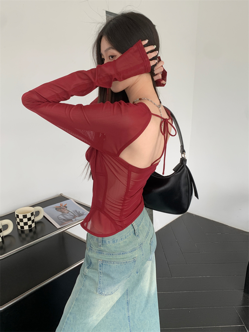 Wine Red Mesh Square Neck Lace Long Sleeve Corset Top Slim Fit Tie Front - Image 4