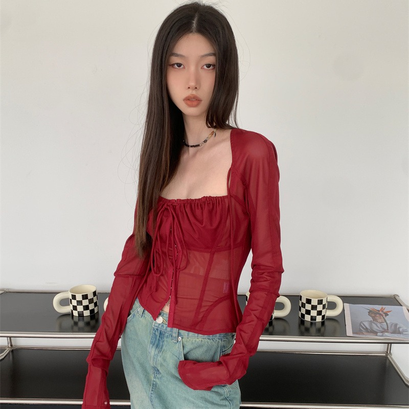 Wine Red Mesh Square Neck Lace Long Sleeve Corset Top Slim Fit Tie Front - Image 5