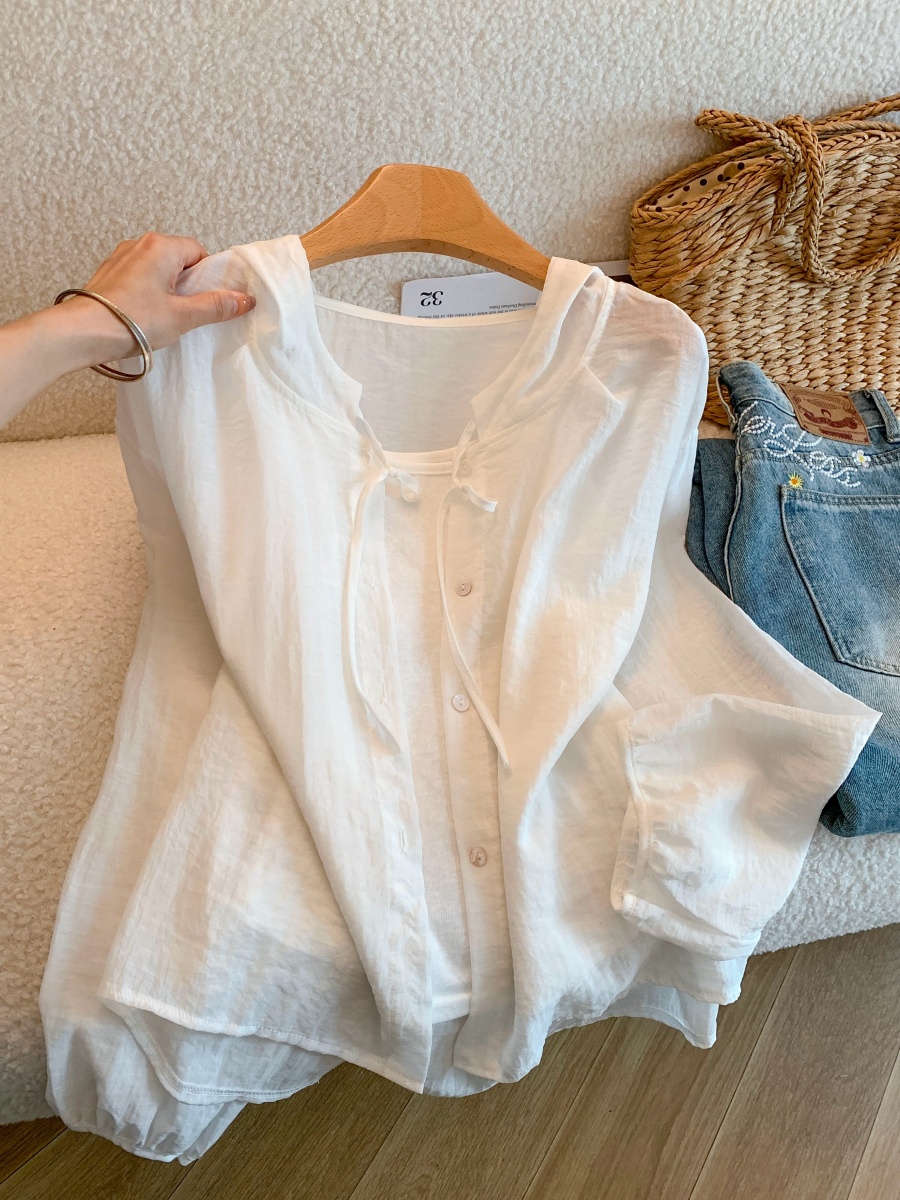 Women Summer Korean Style Ruffled Stand Collar Tie Shirt Loose Breathable Cotton Blend Sun Protection Top
